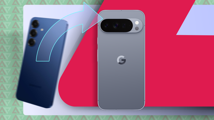 Telefone Samsung sendo substituído por um Google Pixel, mostrado com uma seta apontando para o Pixel.