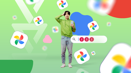 Homem confuso segurando um telefone cercado por ícones do Google Fotos e uma barra de pesquisa com alertas de erro.