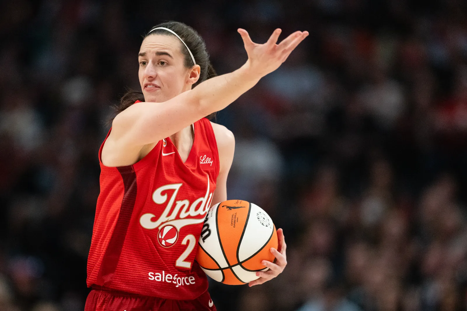 PORTLAND, OREGON - MAY 30: Caitlin Clark #22 of the Indiana Fever reacts after a foul was called during the first half of the game against the Portland Fire at Moda Center on May 30, 2026 in Portland, Oregon. (Photo by Ali Gradischer/Getty Images)