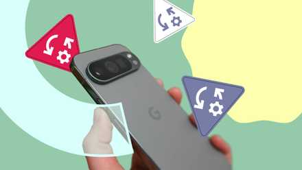 Uma mão segurando um smartphone Google Pixel com ícones flutuantes de “Regras” ao redor