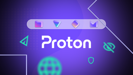 Logotipo Proton com ícones do aplicativo Proton em um fundo roxo com símbolos de privacidade e segurança.