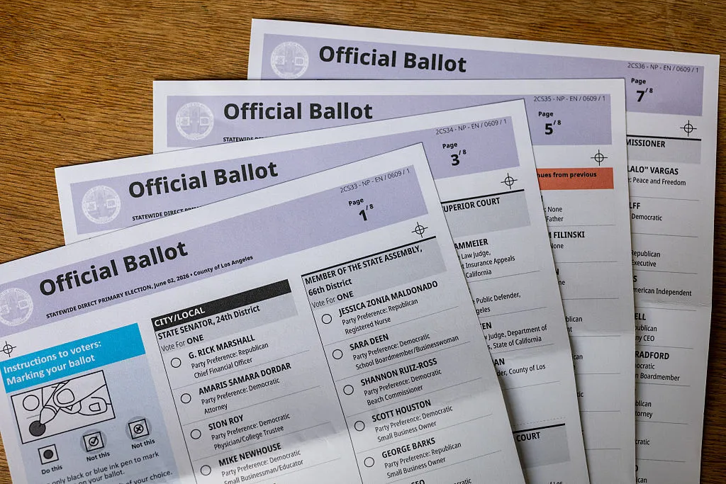 An official ballot mailed to a Southern California resident, ahead of a state primary election, photographed on May 5 in Los Angeles. (Photo illustration by Jay L Clendenin/Getty Images)