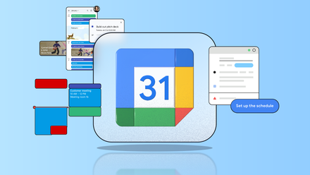 Logotipo do Google Agenda cercado por cartões de programação flutuantes