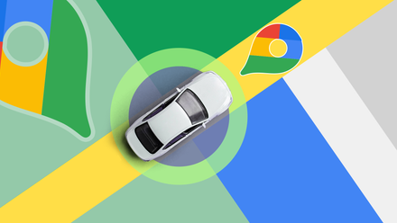 Um carro em um mapa visto de cima com o logotipo do Google Maps na frente