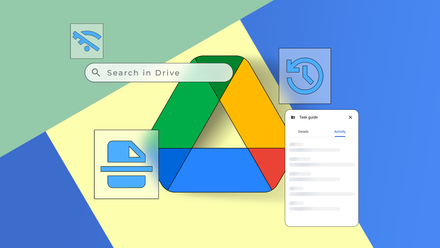Logotipo do Google Drive com barra de pesquisa e ícones para modo off-line, histórico de versões, painel de atividades e scanner