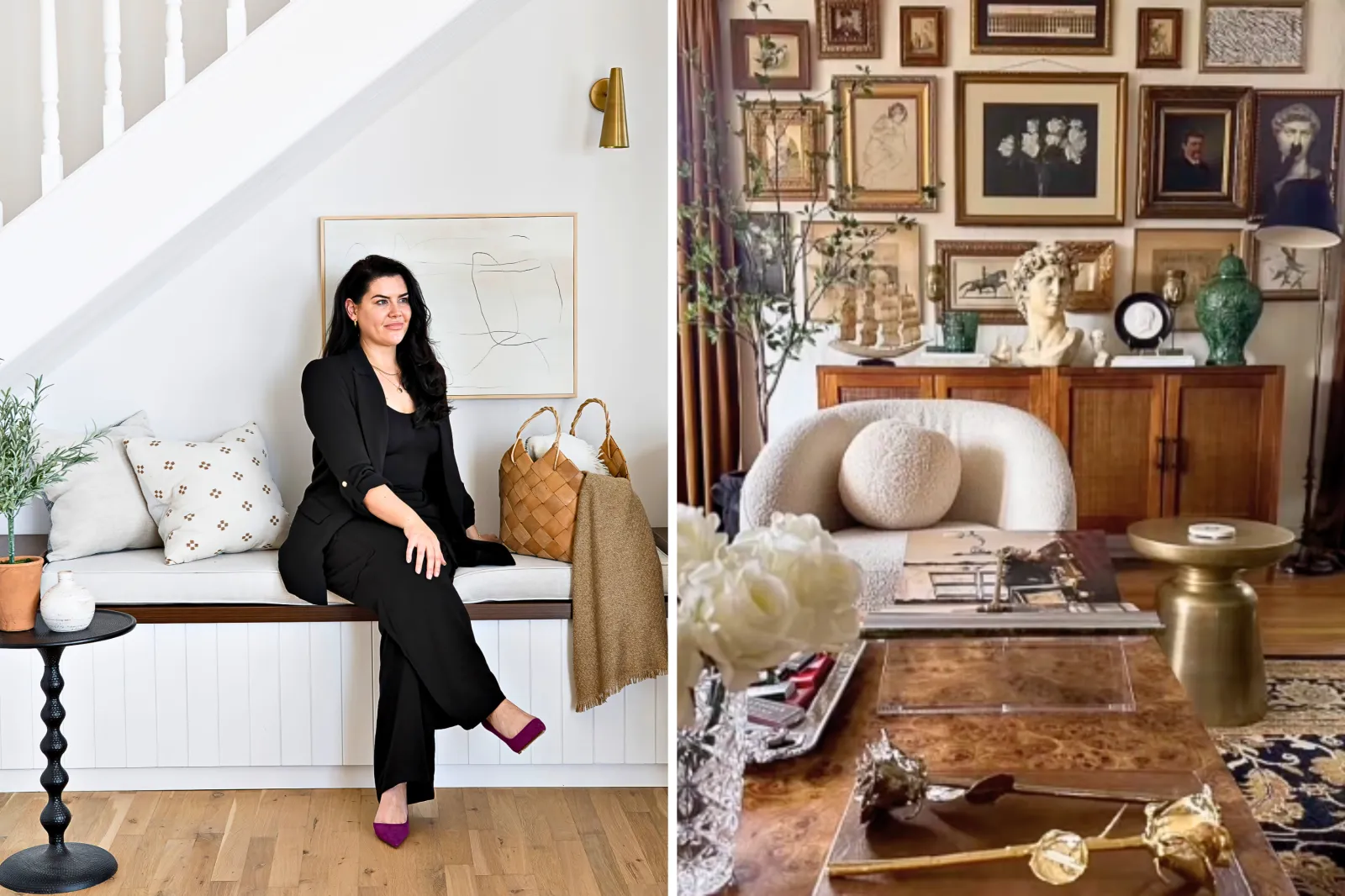 From left: Aoife Maria Tobin sits on a bench; and an image of a home decorated in