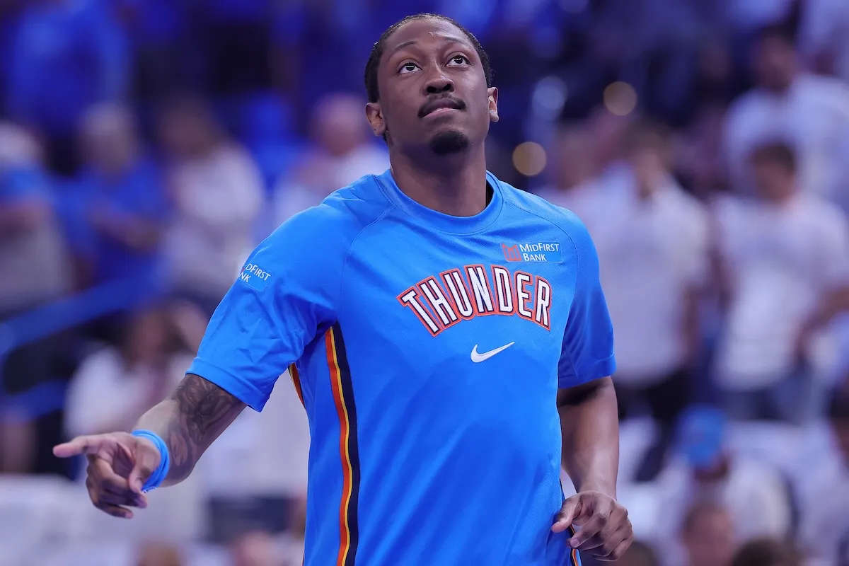 Oklahoma City Thunder star Jalen Williams warms up for a Western Conference Finals game against San Antonio Spurs