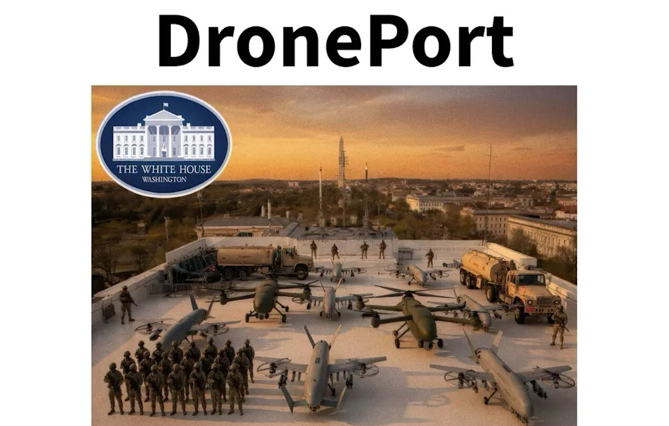Uma imagem gerada por IA do topo do proposto salão de baile da Casa Branca com drones militares, caminhões de combustível e soldados com o Monumento a Washington em construção à distância.