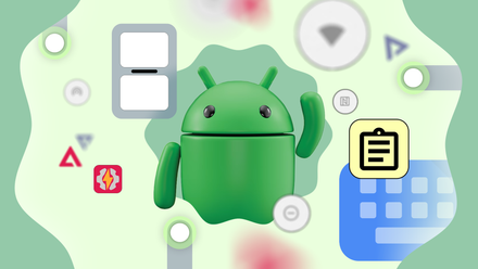 Um mascote 3D do Android cercado por ícones que representam recursos como tela dividida, histórico da área de transferência, configurações rápidas, automação e navegação por gestos.