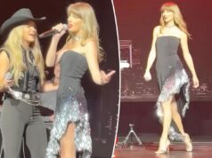 Taylor Swift brilla di nero e argento per la performance a sorpresa di Tight Ends and Friends