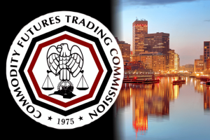 Logotipo da Commodity Futures Trading Commission (CFTC) ao lado do horizonte de Providence, Rhode Island, ilustrando o desafio legal da agência federal sobre mercados de previsão, contratos de eventos Kalshi e aplicação da lei estadual de jogos de azar.