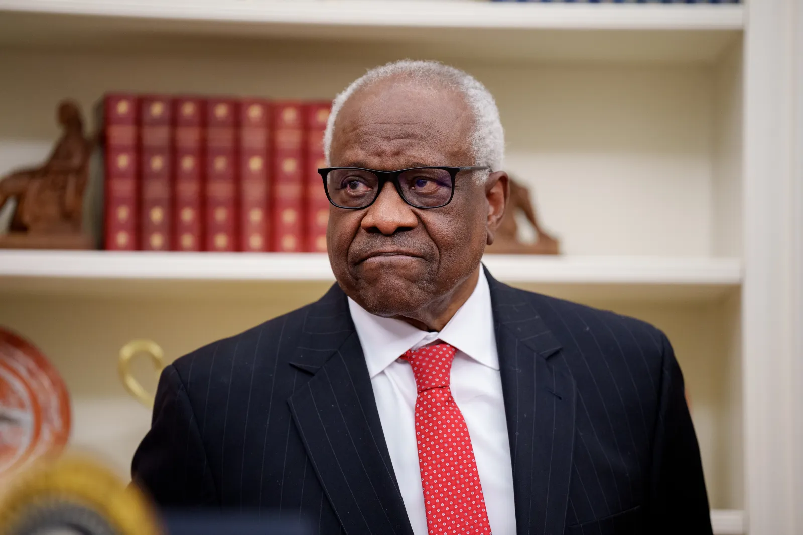 U.S. Supreme Court Associate Justice Clarence Thomas appears before swearing in Pam Bondi as U.S. Attorney General in the Oval Office at the White House on February 05, 2025, in Washington, DC.