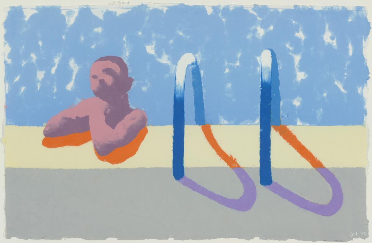 A pintura de David Hockney mostra uma pessoa pendurada na lateral de uma piscina próxima à escada da piscina.