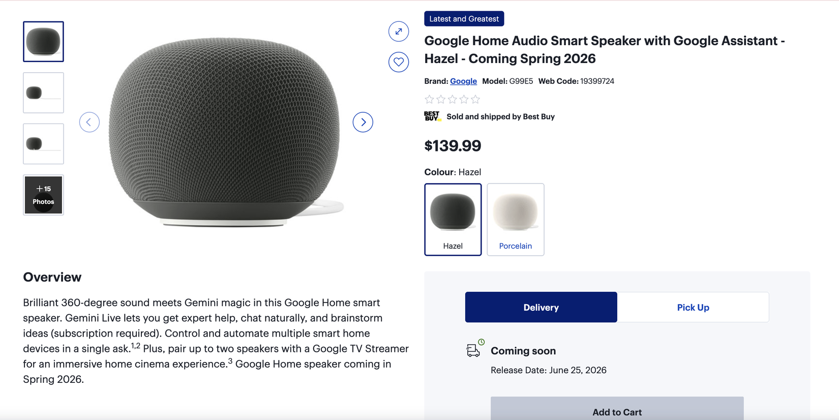 listagem do Google Home Speaker na página da Best Buy Canada