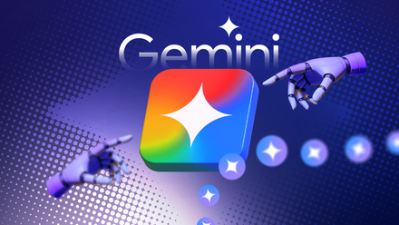 Duas mãos robóticas apontando para um ícone colorido do aplicativo Gemini 3D.